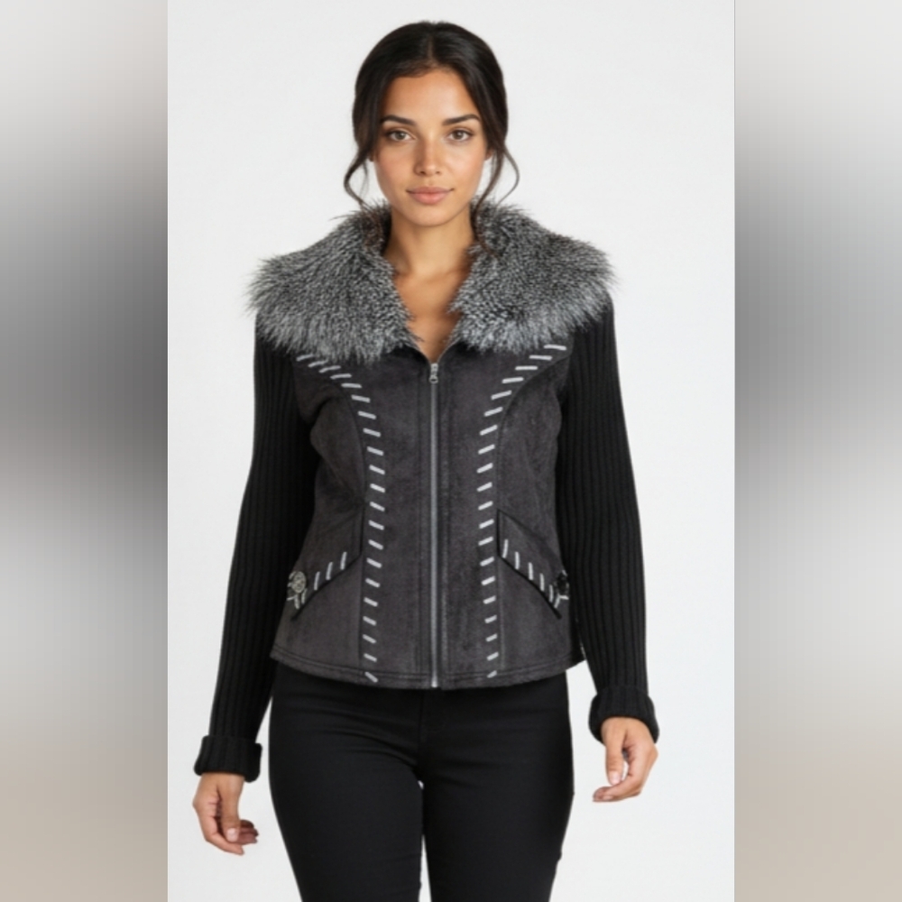 Montanaco Black Faux Suede and Faux Fur Jacket Women's Small Full Zipper